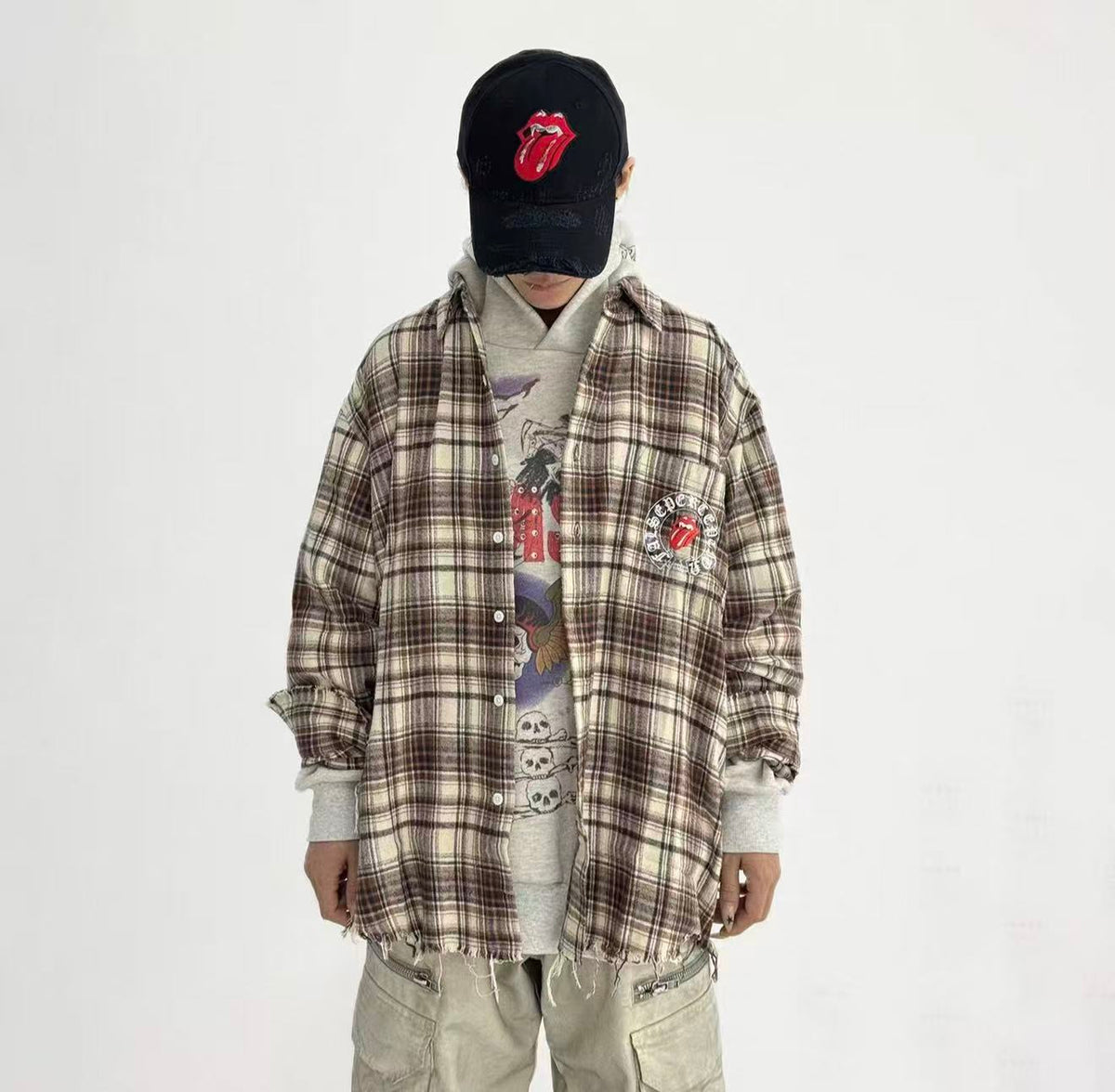 FALSE PERCEPTION Vintage Plaid Raw Hem Overshirt