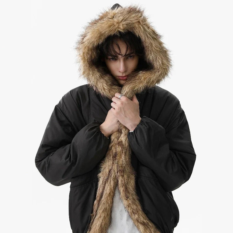 NOAH MARS Old Money Fur Collar Short Hooded Mountain Graphic Warm Cotton Jacket