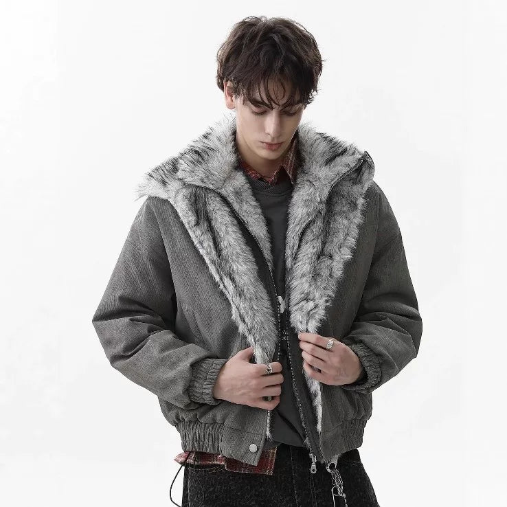 NOAH MARS Fur Collar Lapel Velvet Lined Mountain Print Men Winter Cotton Jacket Old Money