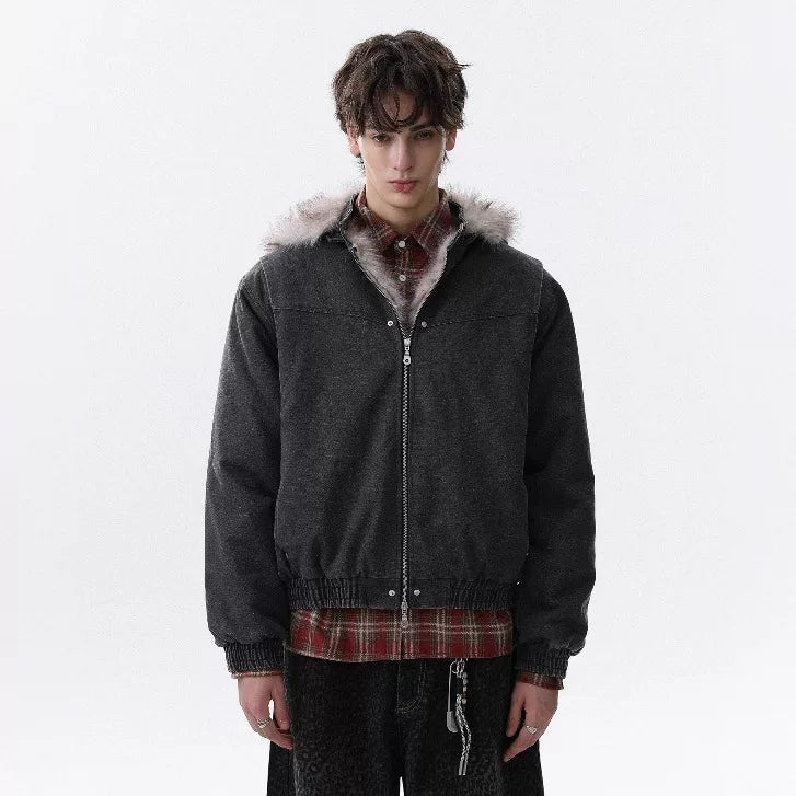 NOAH MARS Detachable Hood Fur Collar Mountain Print Loose Winter Cotton Jacket Men